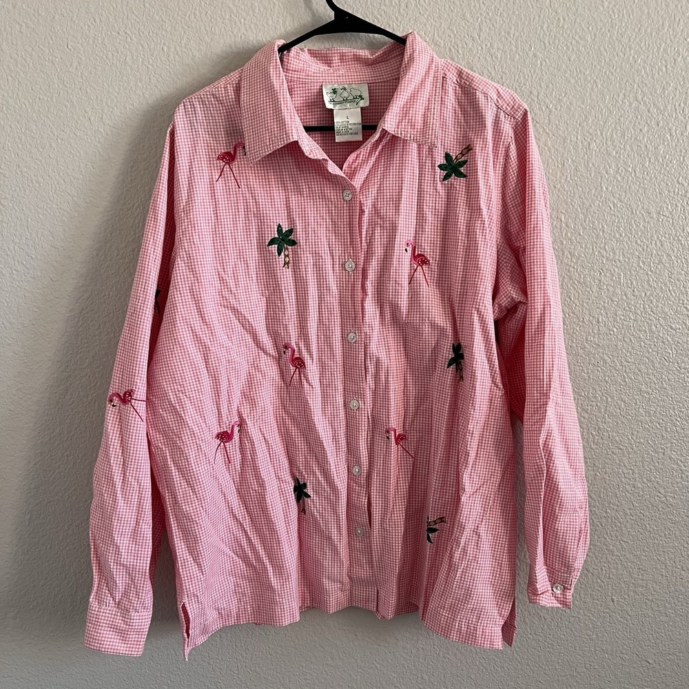 Quacker Factory Women's Top Blouse Long Sleeve Gingham Artsy Embroidered Beach